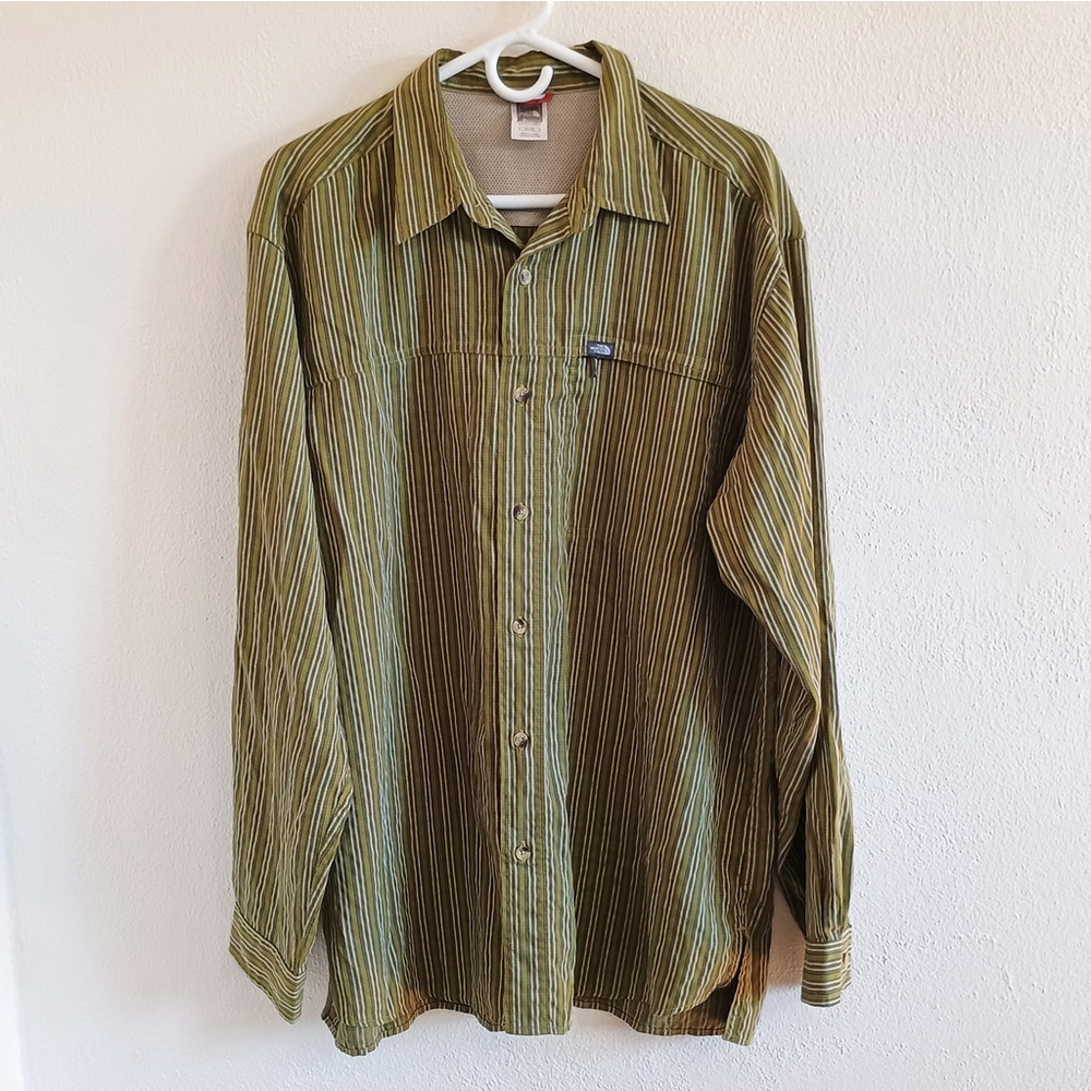 The North Face Green Striped Roll Tab Long Sleeve Outdoor Button Shirt XL - Picture 1 of 6